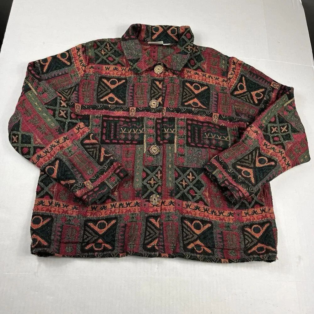 Chicos Button Down Jacket Artsy Ethnic Print Boho Long Sleeve Casual 1 MEDIUM